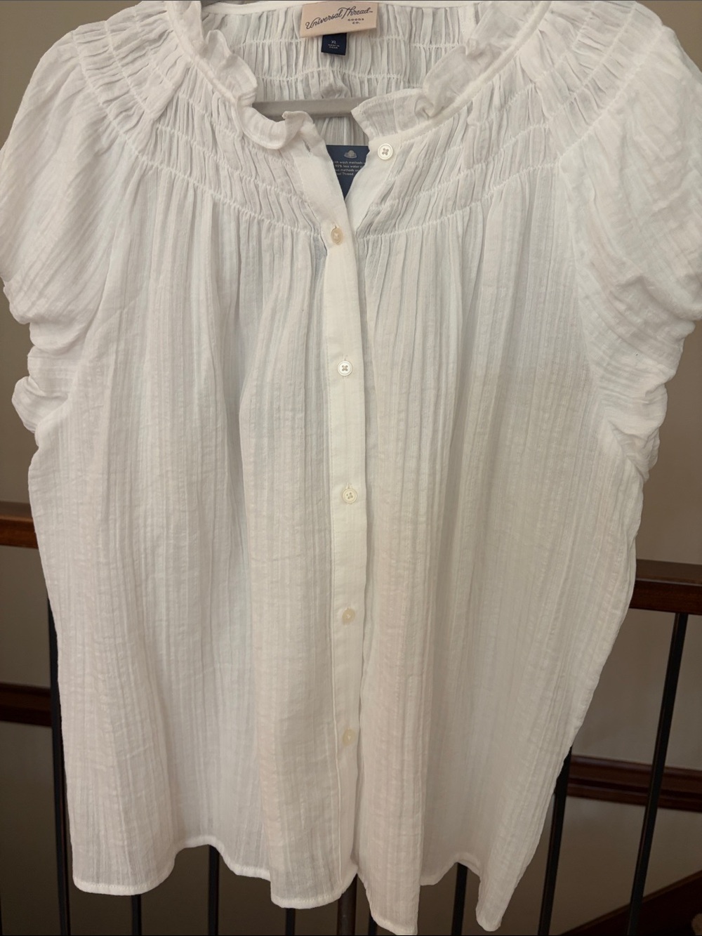 NWT Universal Thread Crinkly Gauzy 100% Cotton Short Sleeved White Blouse XL